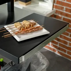Outsunny Grillwagen Grilltisch mit klappbarem Beistelltisch, Servierwagen mit 3 Etagen, 6 Haken, Rollen, Weinregal, Grill Trolley mit Tischplatte aus Edelstahl für Outdoor, Schwarz