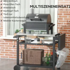 Outsunny Grillwagen Grilltisch mit klappbarem Beistelltisch, Servierwagen mit 3 Etagen, 6 Haken, Rollen, Weinregal, Grill Trolley mit Tischplatte aus Edelstahl für Outdoor, Schwarz
