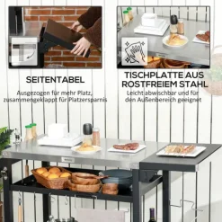 Outsunny Grillwagen Grilltisch mit klappbarem Beistelltisch, Servierwagen mit 3 Etagen, 6 Haken, Rollen, Weinregal, Grill Trolley mit Tischplatte aus Edelstahl für Outdoor, Schwarz