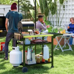 Outsunny Grillwagen Grilltisch mit klappbarem Beistelltisch, Servierwagen mit 3 Etagen, 6 Haken, Rollen, Weinregal, Grill Trolley mit Tischplatte aus Edelstahl für Outdoor, Schwarz