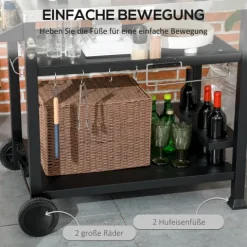 Outsunny Grillwagen Grilltisch mit klappbarem Beistelltisch, Servierwagen mit 3 Etagen, 6 Haken, Rollen, Weinregal, Grill Trolley mit Tischplatte aus Edelstahl für Outdoor, Schwarz