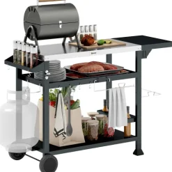 Outsunny Grillwagen Grilltisch mit klappbarem Beistelltisch, Servierwagen mit 3 Etagen, 6 Haken, Rollen, Weinregal, Grill Trolley mit Tischplatte aus Edelstahl für Outdoor, Schwarz