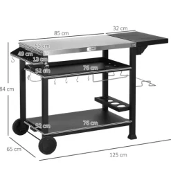 Outsunny Grillwagen Grilltisch mit klappbarem Beistelltisch, Servierwagen mit 3 Etagen, 6 Haken, Rollen, Weinregal, Grill Trolley mit Tischplatte aus Edelstahl für Outdoor, Schwarz