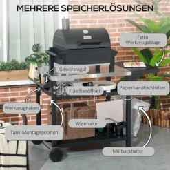 Outsunny Grillwagen Grilltisch mit klappbarem Beistelltisch, Servierwagen mit 3 Etagen, 6 Haken, Rollen, Weinregal, Grill Trolley mit Tischplatte aus Edelstahl für Outdoor, Schwarz