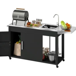 Outsunny Grillwagen Servierwagen mit Arbeitsfläche Seitenblatt Schrank Spüle Räder, BBQ Grilltisch aus Edelstahl, Outdoor Grill Beistelltisch für Garten, Terrasse, Grill 162,5 x 47 x 87cm Schwarz