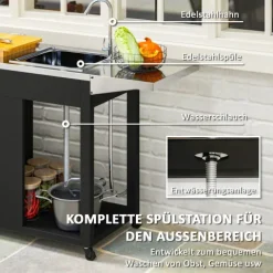 Outsunny Grillwagen Servierwagen mit Arbeitsfläche Seitenblatt Schrank Spüle Räder, BBQ Grilltisch aus Edelstahl, Outdoor Grill Beistelltisch für Garten, Terrasse, Grill 162,5 x 47 x 87cm Schwarz
