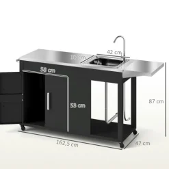 Outsunny Grillwagen Servierwagen mit Arbeitsfläche Seitenblatt Schrank Spüle Räder, BBQ Grilltisch aus Edelstahl, Outdoor Grill Beistelltisch für Garten, Terrasse, Grill 162,5 x 47 x 87cm Schwarz