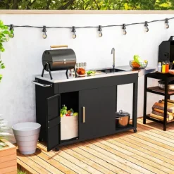Outsunny Grillwagen Servierwagen mit Arbeitsfläche Seitenblatt Schrank Spüle Räder, BBQ Grilltisch aus Edelstahl, Outdoor Grill Beistelltisch für Garten, Terrasse, Grill 162,5 x 47 x 87cm Schwarz