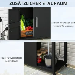Outsunny Grillwagen Servierwagen mit Arbeitsfläche Seitenblatt Schrank Spüle Räder, BBQ Grilltisch aus Edelstahl, Outdoor Grill Beistelltisch für Garten, Terrasse, Grill 162,5 x 47 x 87cm Schwarz