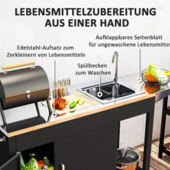 Outsunny Grillwagen Servierwagen mit Arbeitsfläche Seitenblatt Schrank Spüle Räder, BBQ Grilltisch aus Edelstahl, Outdoor Grill Beistelltisch für Garten, Terrasse, Grill 162,5 x 47 x 87cm Schwarz