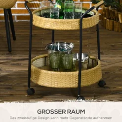 Outsunny Servierwagen Rattan Trolley mit 2 Regalen, Φ50 x 66 cm, Stahl, Gelb
