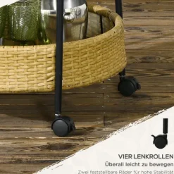Outsunny Servierwagen Rattan Trolley mit 2 Regalen, Φ50 x 66 cm, Stahl, Gelb