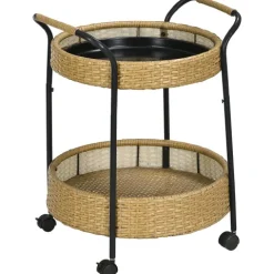 Outsunny Servierwagen Rattan Trolley mit 2 Regalen, Φ50 x 66 cm, Stahl, Gelb