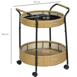 Outsunny Servierwagen Rattan Trolley mit 2 Regalen, Φ50 x 66 cm, Stahl, Gelb