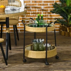 Outsunny Servierwagen Rattan Trolley mit 2 Regalen, Φ50 x 66 cm, Stahl, Gelb