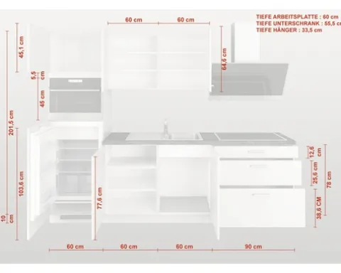 PICCANTE Küchenleerblock Solaro 270 cm Lichtgrau Anschlag Links ohne E-Geräte