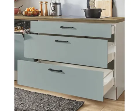 PICCANTE Plus Küchenzeile mit Geräten Marlena 310 cm fjördgrün matt vormontiert Variante rechts 4067368014892