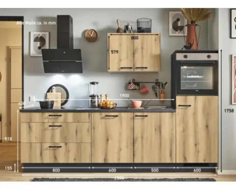 PICCANTE Plus Küchenzeile mit Geräten Casual 250 cm evoke eiche matt vormontiert Variante rechts 4067368012843