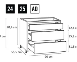 PICCANTE Smart Frontenset Unterschrank 90 cm 1 Schubkastenblende und 2 Auszugblenden LAQUER ANTHRACITE hochglanz "AD"