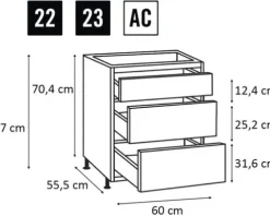 PICCANTE Smart Frontenset Unterschrank 60 cm 1 Schubkastenblende und 2 Auszugblenden WILD OAK "AC"