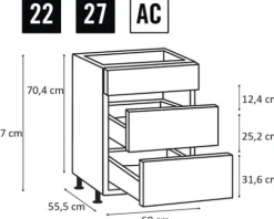 PICCANTE Smart Frontenset Unterschrank 60 cm 1 Schubkastenblende und 2 Auszugblenden LAQUER WHITE hochglanz lackiert mit integrierter Griffmulde