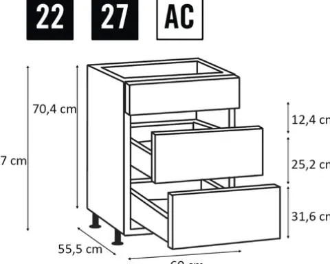 PICCANTE Smart Frontenset Unterschrank 60 cm 1 Schubkastenblende und 2 Auszugblenden LAQUER WHITE hochglanz lackiert mit integrierter Griffmulde "AC"