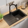 PRIMAGRAN Granitspüle Alles Schwarz 70x44cm, Spülbecken 1 Becken + Küchenarmatur 32x20cm + Ablauf-Set, Küchenspüle ab 45er Unterschrank - Kopenhagen Easy