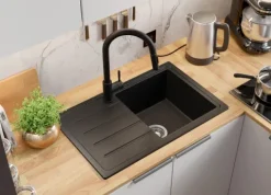 PRIMAGRAN Granitspüle Alles Schwarz 70x44cm, Spülbecken 1 Becken + Küchenarmatur 32x20cm + Ablauf-Set, Küchenspüle ab 45er Unterschrank - Kopenhagen Easy
