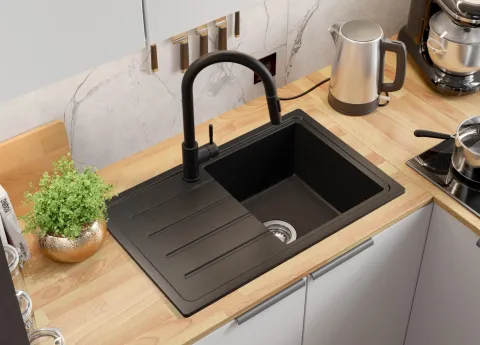 PRIMAGRAN Granitspüle Alles Schwarz 70x44cm, Spülbecken 1 Becken + Küchenarmatur 32x20cm + Ablauf-Set, Küchenspüle ab 45er Unterschrank - Kopenhagen Easy