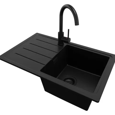 PRIMAGRAN Granitspüle Alles Schwarz 70x44cm, Spülbecken 1 Becken + Küchenarmatur 32x20cm + Ablauf-Set, Küchenspüle ab 45er Unterschrank - Kopenhagen Easy