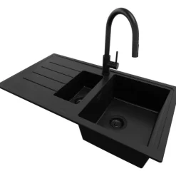 PRIMAGRAN Granitspüle Alles Schwarz 90x50cm, Spülbecken 1,5 Becken + Küchenarmatur 40x20cm + Ablauf-Set, Küchenspüle ab 60er Unterschrank - Kopenhagen Duo