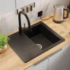 PRIMAGRAN Granitspüle Schwarz 62x50cm, Spülbecken 1 Becken + Küchenarmatur 32x20cm + Ablauf-Set, Küchenspüle ab 40er Unterschrank - Mailand