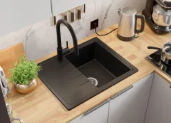 PRIMAGRAN Granitspüle Schwarz 62x50cm, Spülbecken 1 Becken + Küchenarmatur 32x20cm + Ablauf-Set, Küchenspüle ab 40er Unterschrank - Mailand
