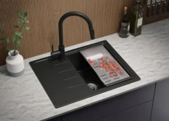 PRIMAGRAN Granitspüle Schwarz 62x50cm, Spülbecken 1 Becken + Küchenarmatur 32x20cm + Ablauf-Set, Küchenspüle ab 40er Unterschrank - Mailand