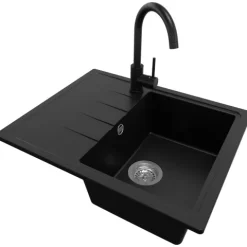 PRIMAGRAN Granitspüle Schwarz 62x50cm, Spülbecken 1 Becken + Küchenarmatur 32x20cm + Ablauf-Set, Küchenspüle ab 40er Unterschrank - Mailand