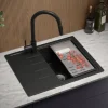 PRIMAGRAN Granitspüle Schwarz 62x50cm, Spülbecken 1 Becken + Küchenarmatur 40x38cm + Ablauf-Set, Küchenspüle ab 40er Unterschrank - Mailand
