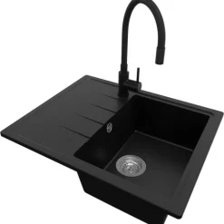 PRIMAGRAN Granitspüle Schwarz 62x50cm, Spülbecken 1 Becken + Küchenarmatur 40x38cm + Ablauf-Set, Küchenspüle ab 40er Unterschrank - Mailand