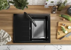 PRIMAGRAN Granitspüle Schwarz 62x50cm, Spülbecken 1 Becken + Küchenarmatur 40x38cm + Ablauf-Set, Küchenspüle ab 40er Unterschrank - Mailand