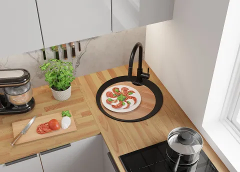 PRIMAGRAN Granitspüle Schwarz 50x50cm, Spülbecken Rund 1 Becken + Küchenarmatur 40x20cm + Ablauf-Set + Schneidebrett, Küchenspüle ab 45er Unterschrank - Pisa
