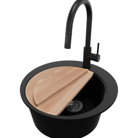 PRIMAGRAN Granitspüle Schwarz 50x50cm, Spülbecken Rund 1 Becken + Küchenarmatur 40x20cm + Ablauf-Set + Schneidebrett, Küchenspüle ab 45er Unterschrank - Pisa