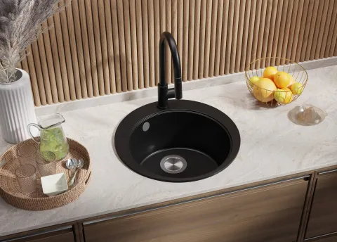 PRIMAGRAN Granitspüle Schwarz 50x50cm, Spülbecken Rund 1 Becken + Küchenarmatur 40x20cm + Ablauf-Set + Schneidebrett, Küchenspüle ab 45er Unterschrank - Pisa