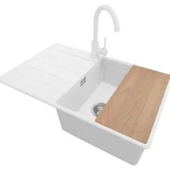 PRIMAGRAN Granitspüle Weiß 78x50cm, Spülbecken 1 Becken + Küchenarmatur 32x20cm + Ablauf-Set + Schneidebrett, Küchenspüle ab 50er Unterschrank - Kopenhagen