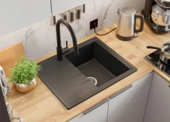 PRIMAGRAN Spülbecken Anthrazit 62x50cm, Granitspüle 1 Becken + Ablauf-Set, Küchenspüle ab 40er Unterschrank - Mailand