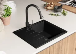 PRIMAGRAN Spülbecken Anthrazit 62x50cm, Granitspüle 1 Becken + Ablauf-Set, Küchenspüle ab 40er Unterschrank - Mailand