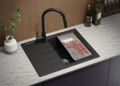 PRIMAGRAN Spülbecken Anthrazit 62x50cm, Granitspüle 1 Becken + Ablauf-Set, Küchenspüle ab 40er Unterschrank - Mailand