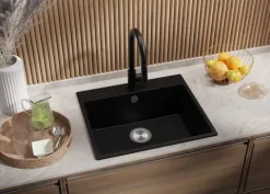 PRIMAGRAN Spülbecken Schwarz 58x50cm, Granitspüle 1 Becken + Ablauf-Set, Küchenspüle ab 60er Unterschrank - Riga