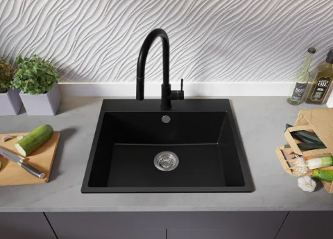 PRIMAGRAN Spülbecken Schwarz 58x50cm, Granitspüle 1 Becken + Ablauf-Set, Küchenspüle ab 60er Unterschrank - Riga