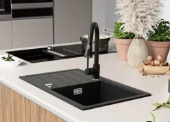 PRIMAGRAN Spülbecken Schwarz 70x44cm, Granitspüle 1 Becken + Ablauf-Set, Küchenspüle ab 45er Unterschrank - Kopenhagen Easy