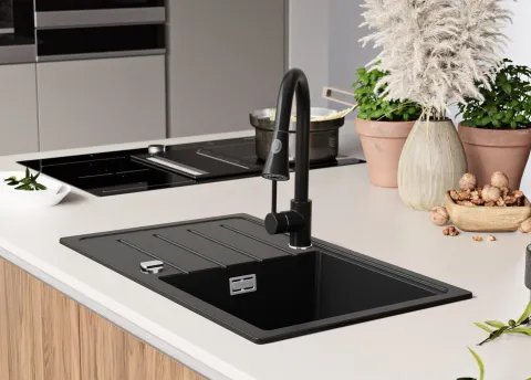PRIMAGRAN Spülbecken Schwarz 70x44cm, Granitspüle 1 Becken + Ablauf-Set, Küchenspüle ab 45er Unterschrank - Kopenhagen Easy