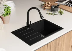 PRIMAGRAN Spülbecken Schwarz 70x44cm, Granitspüle 1 Becken + Ablauf-Set, Küchenspüle ab 45er Unterschrank - Kopenhagen Easy